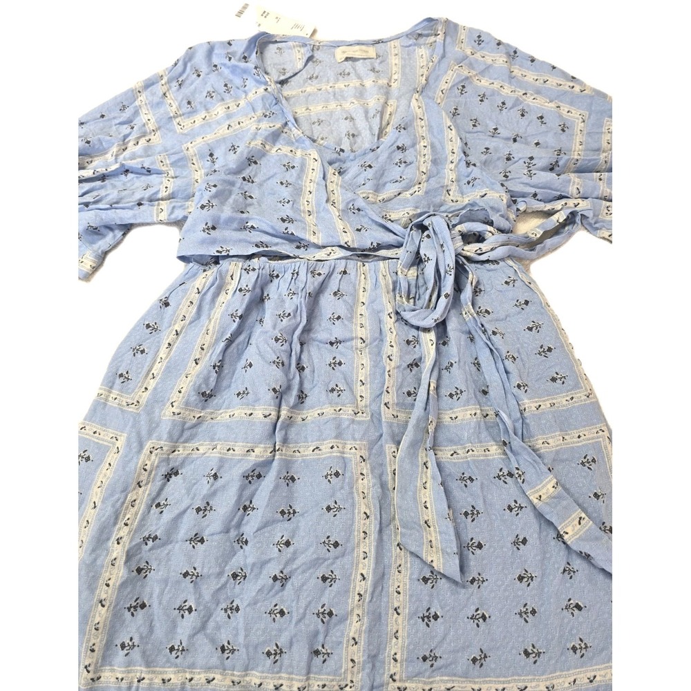 Urban Outfitters Blue Tile Motif Smocked Wrap Maxi Dress XS NWT Boho Puff Sleeve